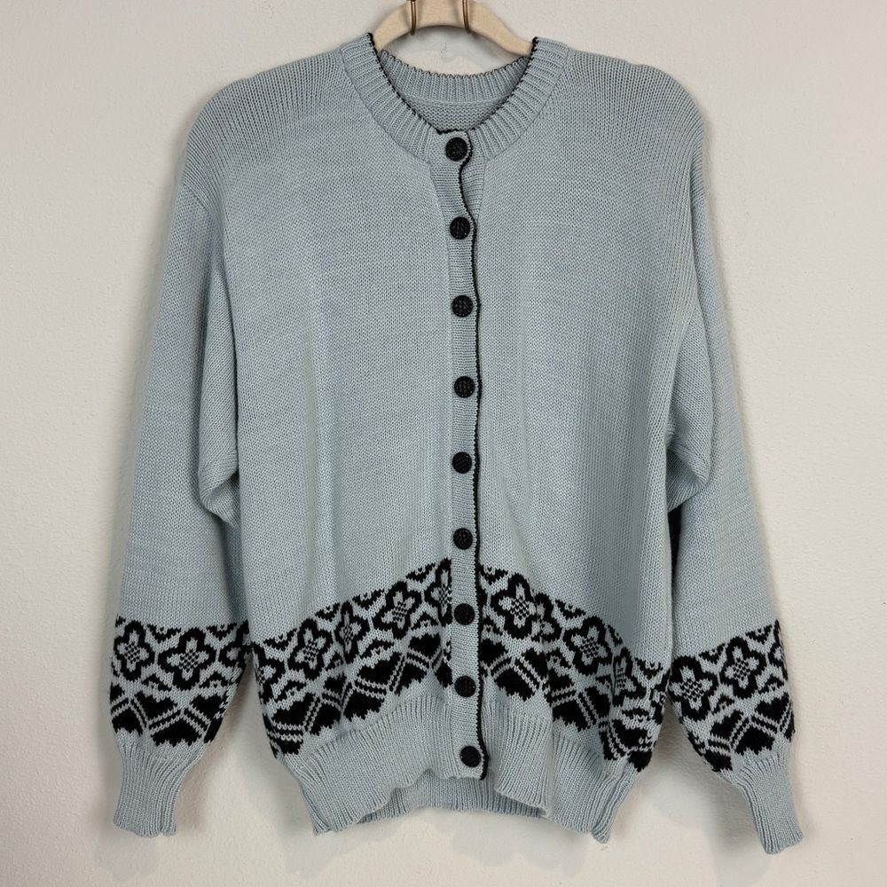 Handmade Knit Light Blue Black Cardigan Sweater M/L